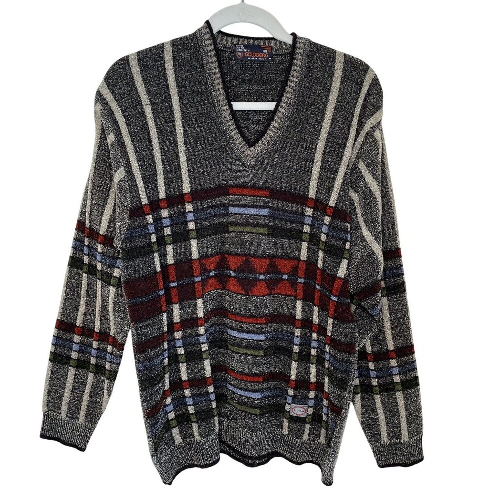 Goldberg Winter Wear 3D Knit V-Neck Sweater Gray Striped Geometric Pattern, 40